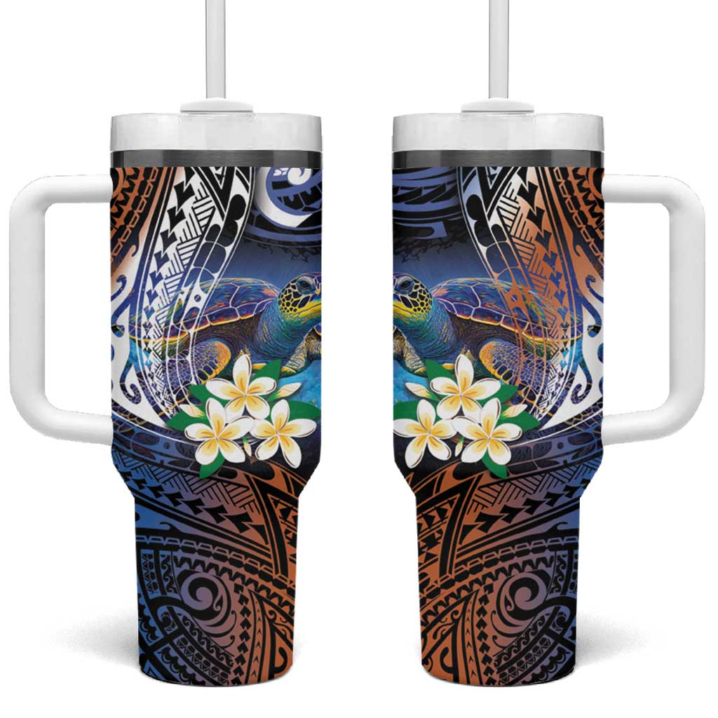 Marshall Islands Kwajalein Atoll Tumbler With Handle Plumeria Sea Turtle with Polynesian Tribal