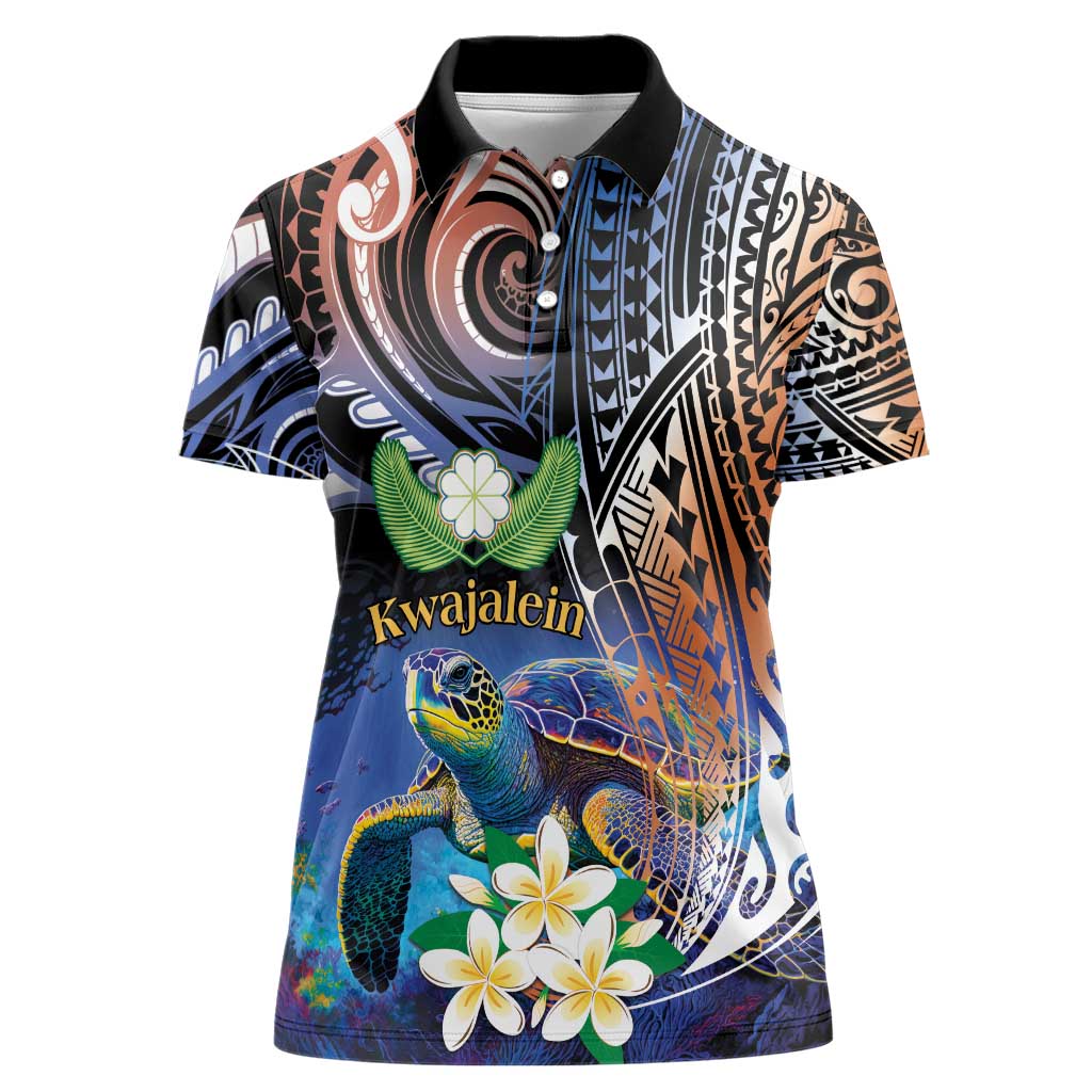 Marshall Islands Kwajalein Atoll Women Polo Shirt Plumeria Sea Turtle with Polynesian Tribal