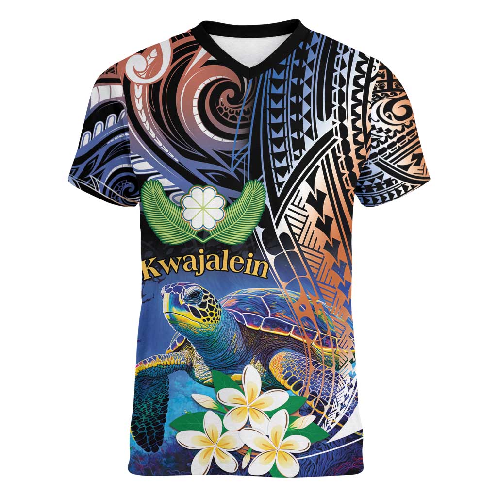 Marshall Islands Kwajalein Atoll Women V-Neck T-Shirt Plumeria Sea Turtle with Polynesian Tribal