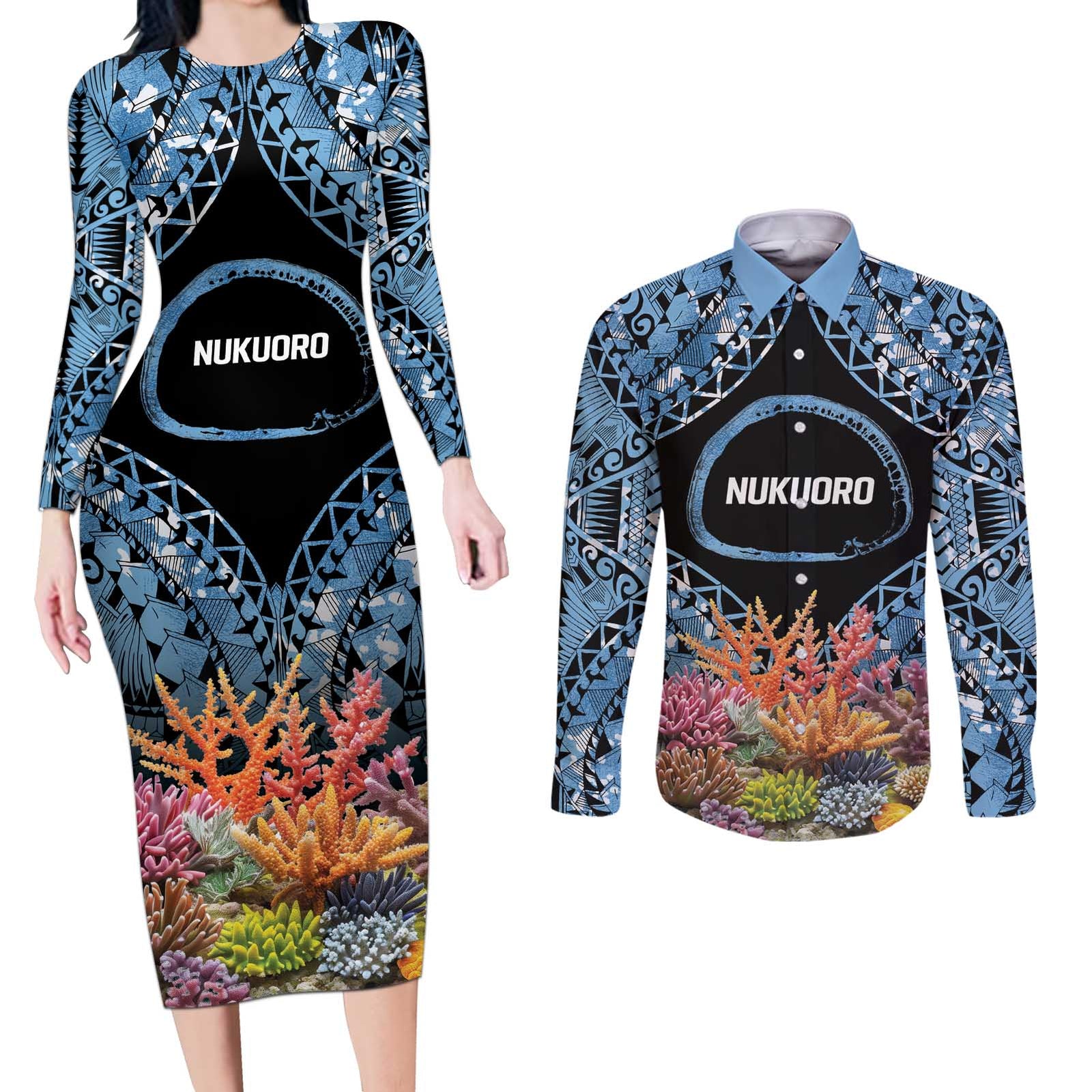 Personalised Nukuoro Micronesia Atoll Couples Matching Long Sleeve Bodycon Dress and Long Sleeve Button Shirt with Pacific Coral Reef