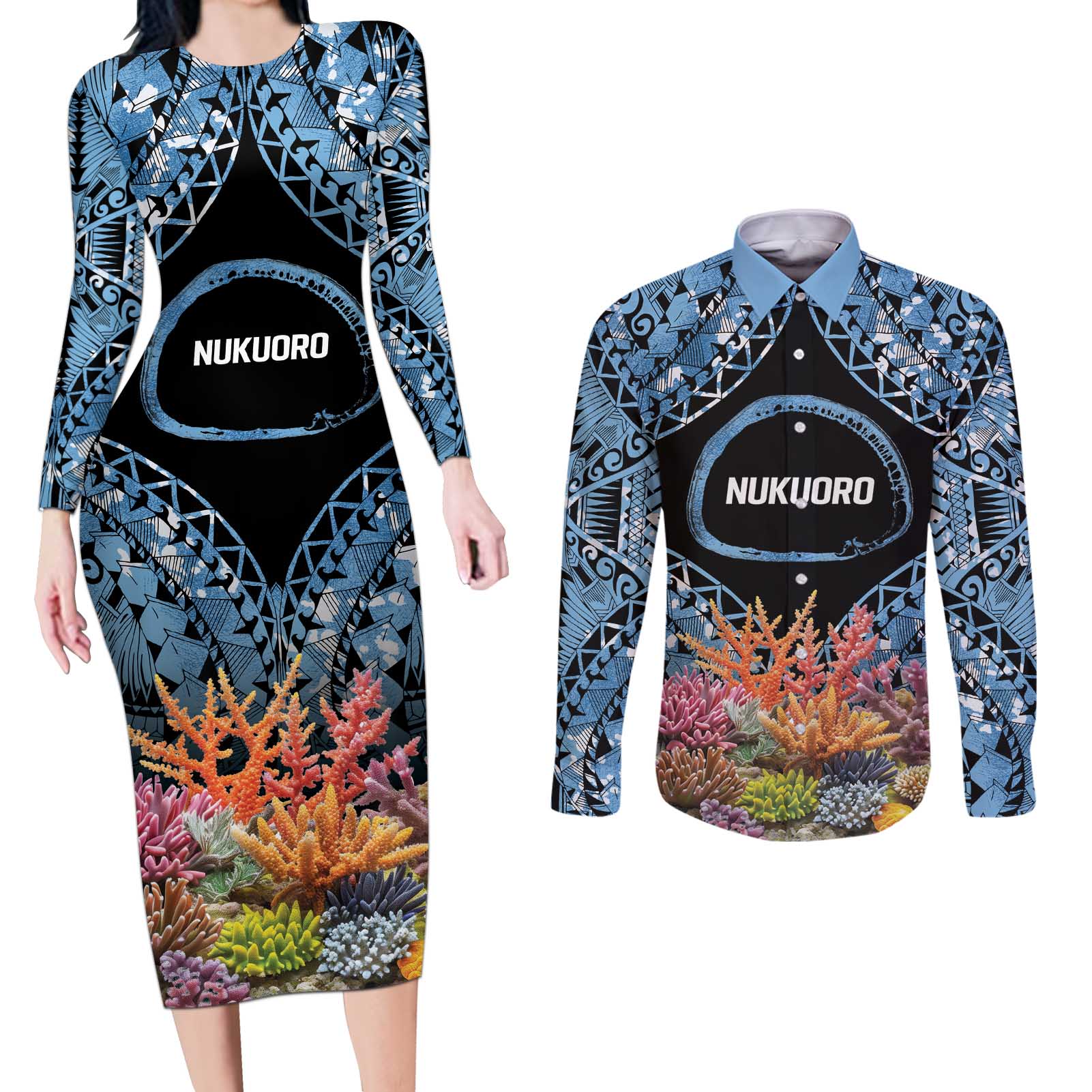 Personalised Nukuoro Micronesia Atoll Couples Matching Long Sleeve Bodycon Dress and Long Sleeve Button Shirt with Pacific Coral Reef