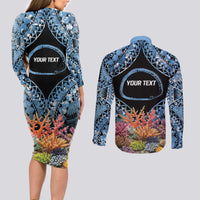 Personalised Nukuoro Micronesia Atoll Couples Matching Long Sleeve Bodycon Dress and Long Sleeve Button Shirt with Pacific Coral Reef