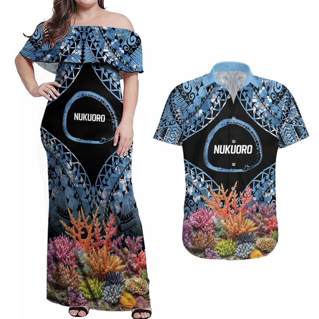 Personalised Nukuoro Micronesia Atoll Couples Matching Off Shoulder Maxi Dress and Hawaiian Shirt with Pacific Coral Reef LT9 Blue - Polynesian Pride