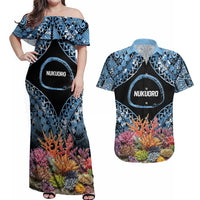 Personalised Nukuoro Micronesia Atoll Couples Matching Off Shoulder Maxi Dress and Hawaiian Shirt with Pacific Coral Reef LT9 Blue - Polynesian Pride
