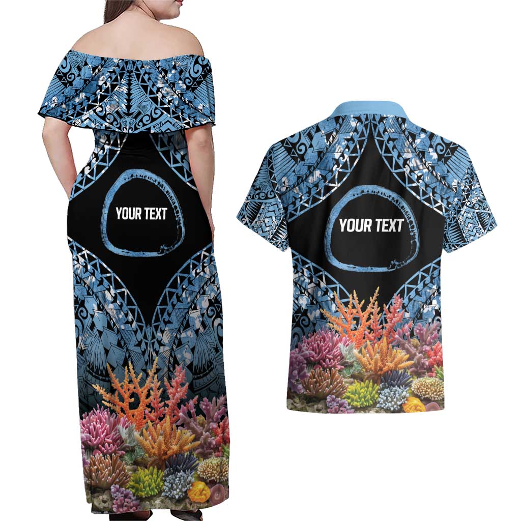 Personalised Nukuoro Micronesia Atoll Couples Matching Off Shoulder Maxi Dress and Hawaiian Shirt with Pacific Coral Reef LT9 - Polynesian Pride