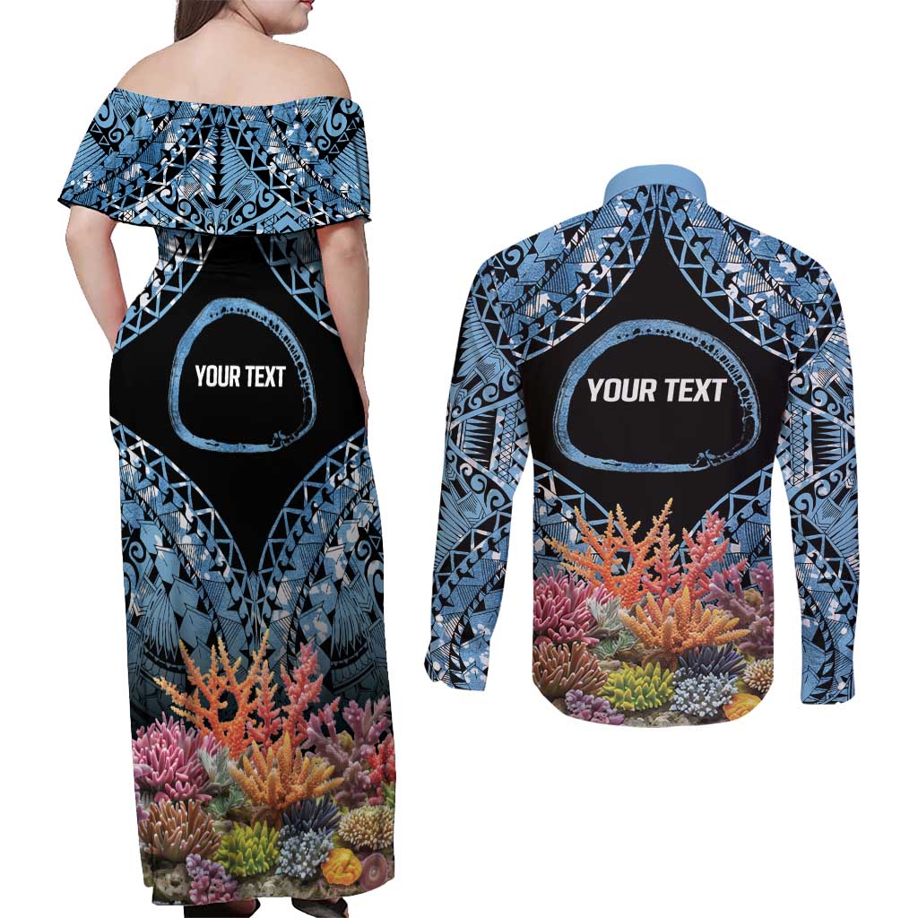 Personalised Nukuoro Micronesia Atoll Couples Matching Off Shoulder Maxi Dress and Long Sleeve Button Shirt with Pacific Coral Reef