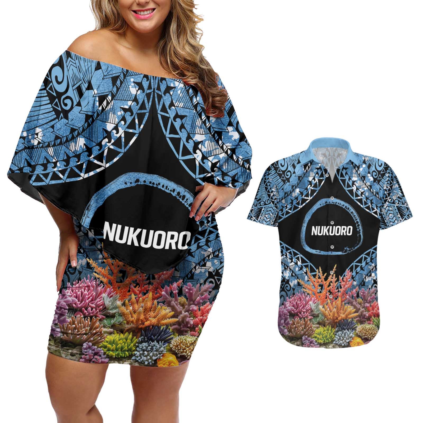 Personalised Nukuoro Micronesia Atoll Couples Matching Off Shoulder Short Dress and Hawaiian Shirt with Pacific Coral Reef