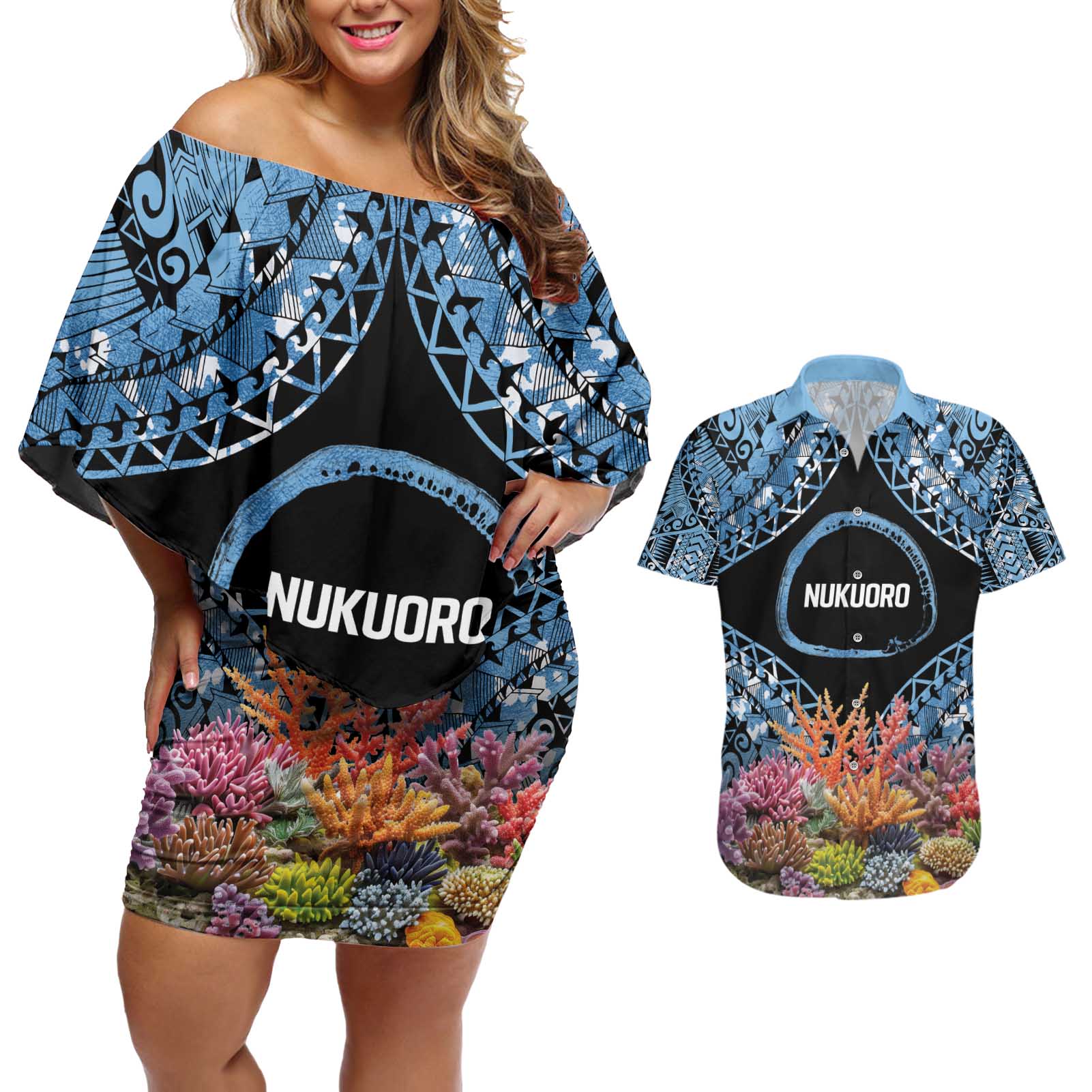 Personalised Nukuoro Micronesia Atoll Couples Matching Off Shoulder Short Dress and Hawaiian Shirt with Pacific Coral Reef