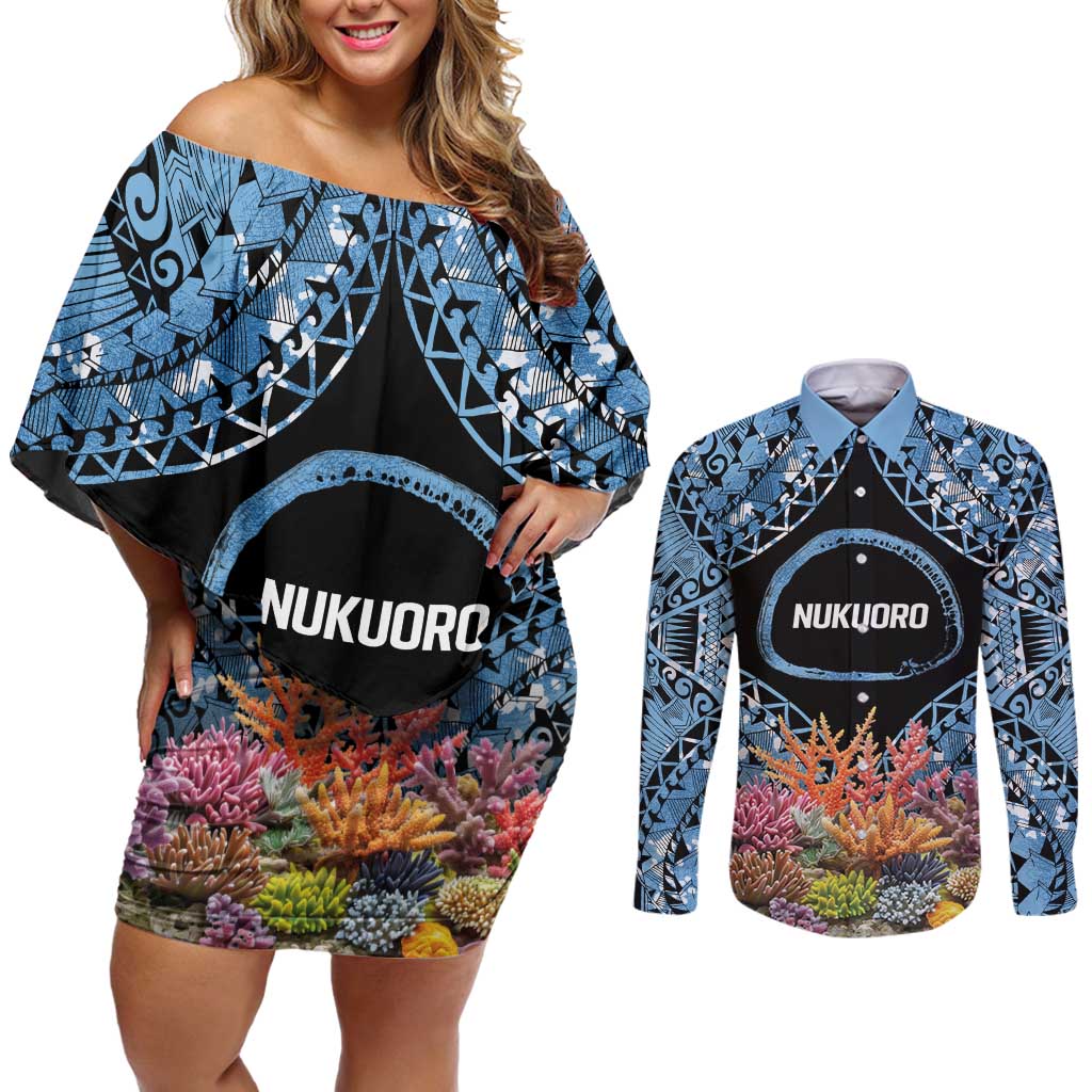 Personalised Nukuoro Micronesia Atoll Couples Matching Off Shoulder Short Dress and Long Sleeve Button Shirt with Pacific Coral Reef