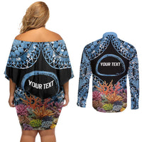 Personalised Nukuoro Micronesia Atoll Couples Matching Off Shoulder Short Dress and Long Sleeve Button Shirt with Pacific Coral Reef