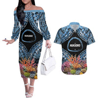 Personalised Nukuoro Micronesia Atoll Couples Matching Off The Shoulder Long Sleeve Dress and Hawaiian Shirt with Pacific Coral Reef