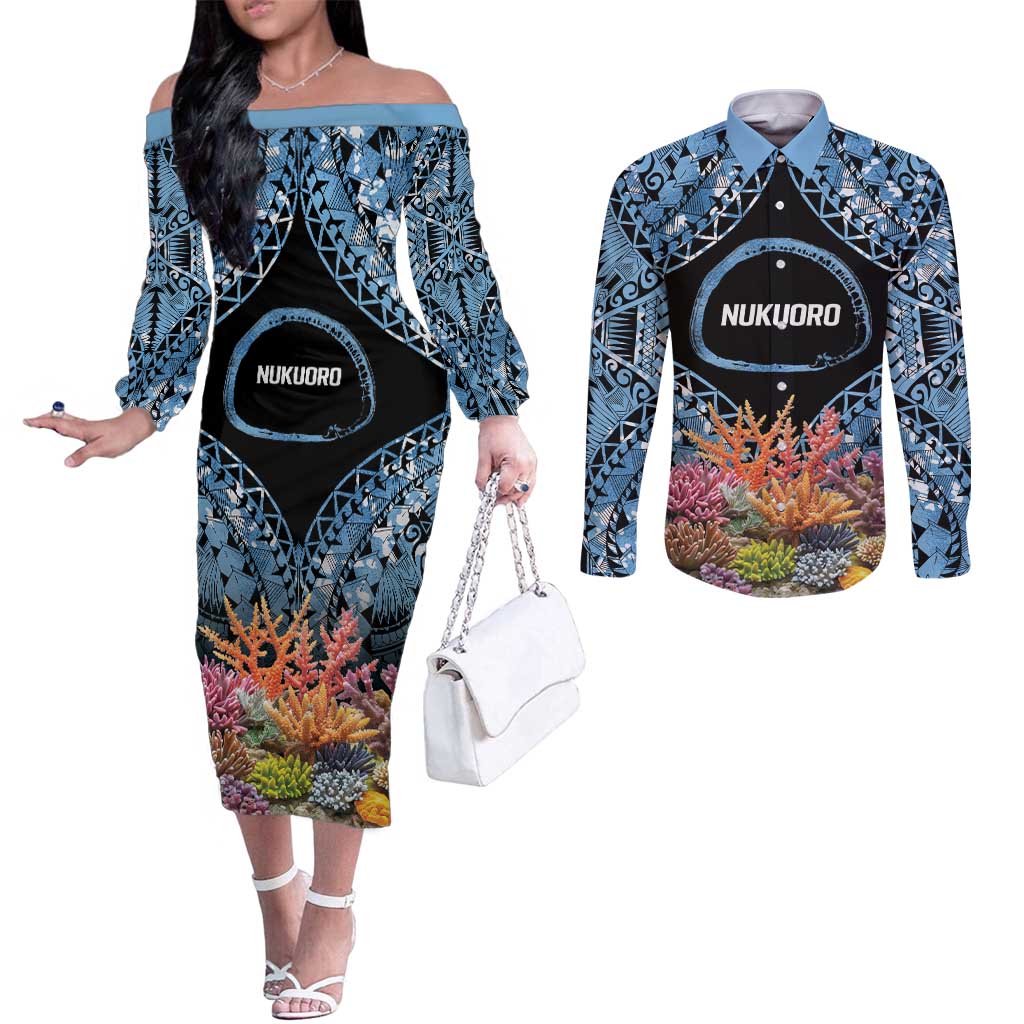Personalised Nukuoro Micronesia Atoll Couples Matching Off The Shoulder Long Sleeve Dress and Long Sleeve Button Shirt with Pacific Coral Reef