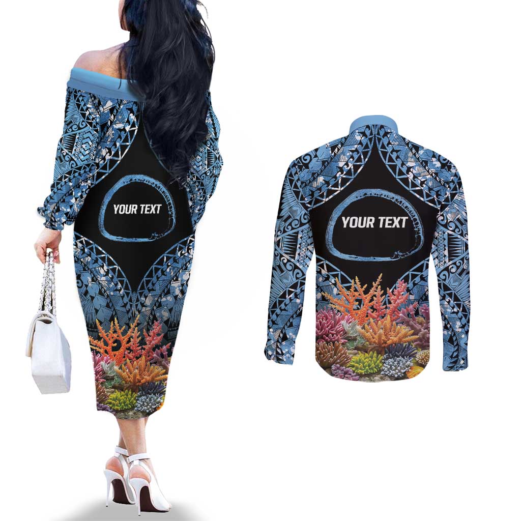 Personalised Nukuoro Micronesia Atoll Couples Matching Off The Shoulder Long Sleeve Dress and Long Sleeve Button Shirt with Pacific Coral Reef