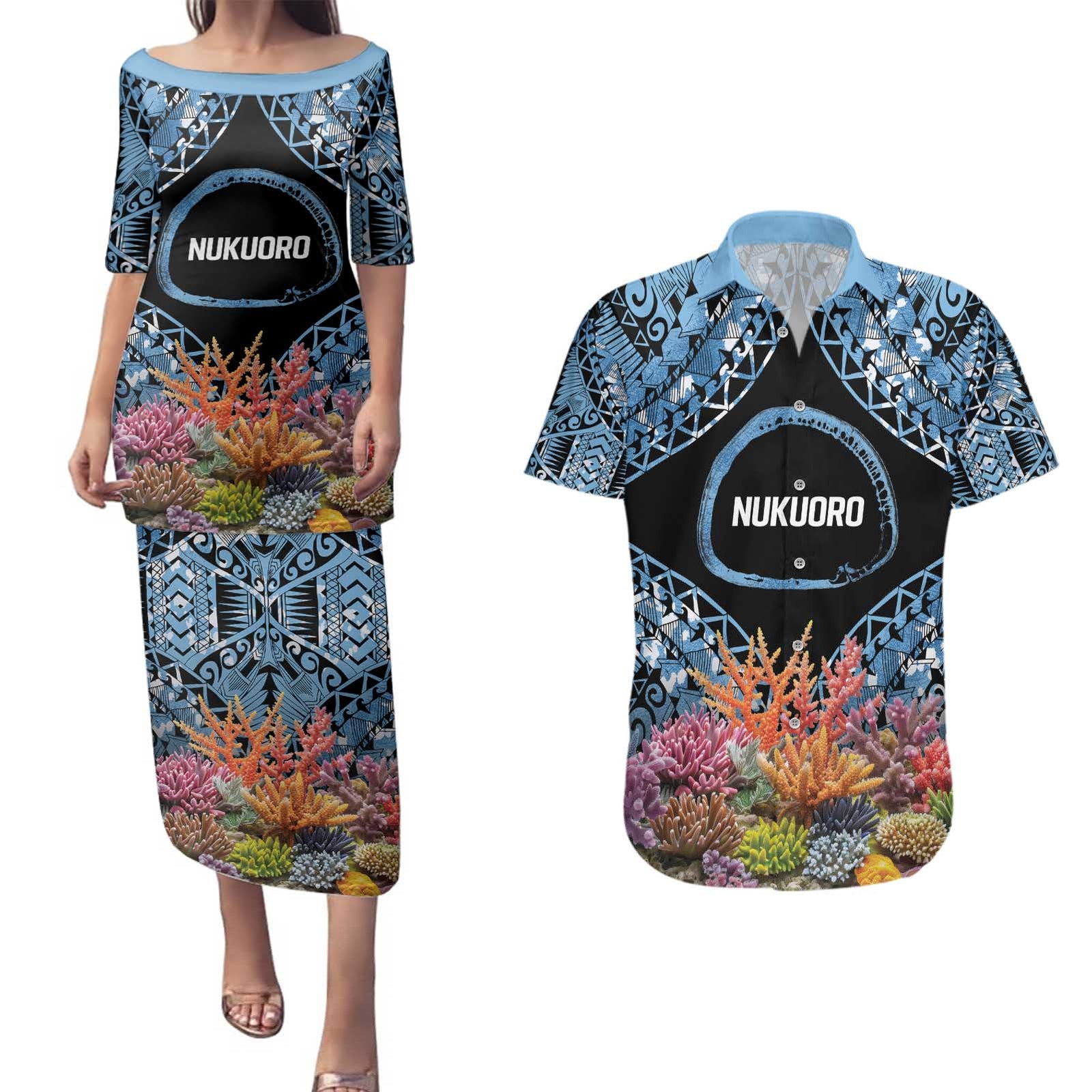Personalised Nukuoro Micronesia Atoll Couples Matching Puletasi and Hawaiian Shirt with Pacific Coral Reef