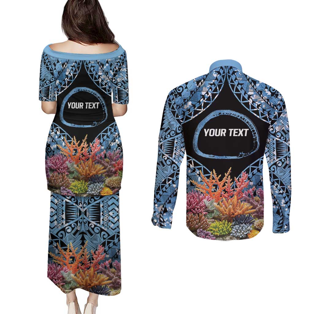 Personalised Nukuoro Micronesia Atoll Couples Matching Puletasi and Long Sleeve Button Shirt with Pacific Coral Reef