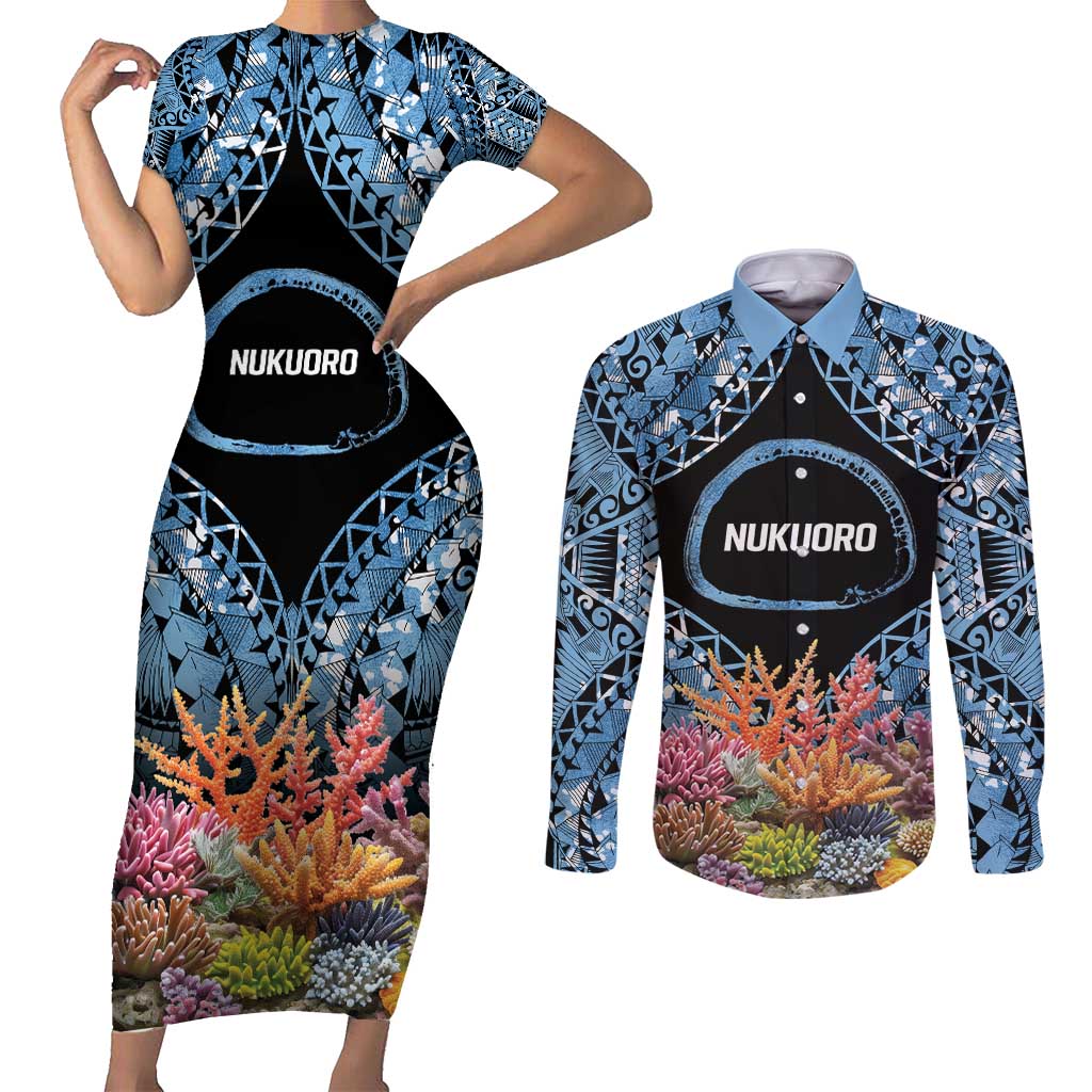 Personalised Nukuoro Micronesia Atoll Couples Matching Short Sleeve Bodycon Dress and Long Sleeve Button Shirt with Pacific Coral Reef