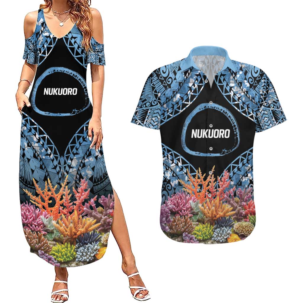 Personalised Nukuoro Micronesia Atoll Couples Matching Summer Maxi Dress and Hawaiian Shirt with Pacific Coral Reef