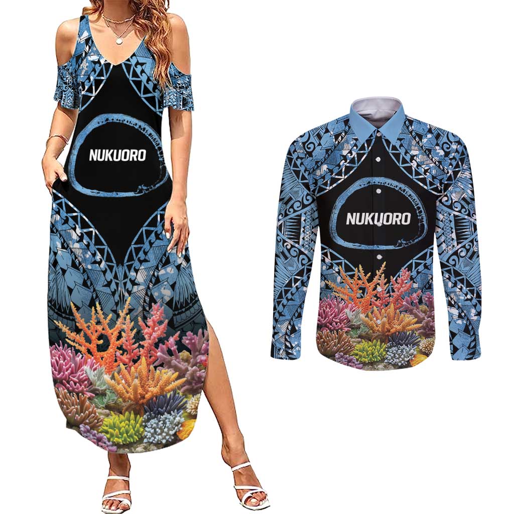 Personalised Nukuoro Micronesia Atoll Couples Matching Summer Maxi Dress and Long Sleeve Button Shirt with Pacific Coral Reef