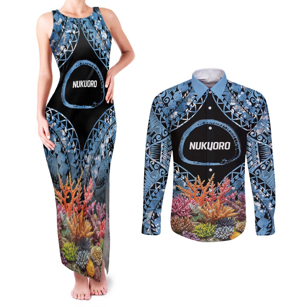 Personalised Nukuoro Micronesia Atoll Couples Matching Tank Maxi Dress and Long Sleeve Button Shirt with Pacific Coral Reef