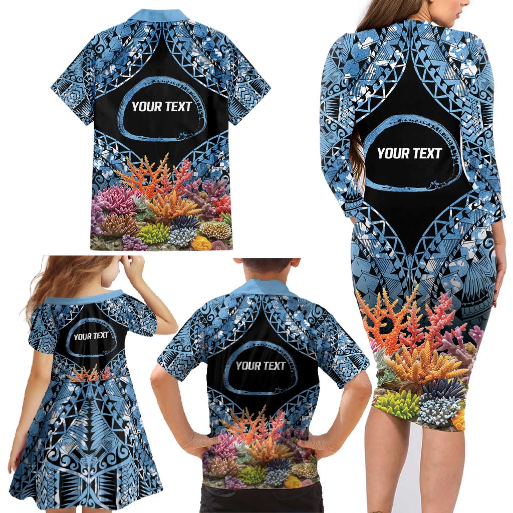 Personalised Nukuoro Micronesia Atoll Family Matching Long Sleeve Bodycon Dress and Hawaiian Shirt with Pacific Coral Reef