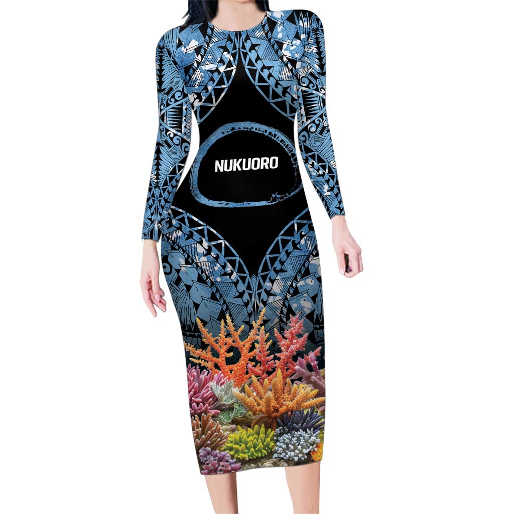 Personalised Nukuoro Micronesia Atoll Family Matching Long Sleeve Bodycon Dress and Hawaiian Shirt with Pacific Coral Reef