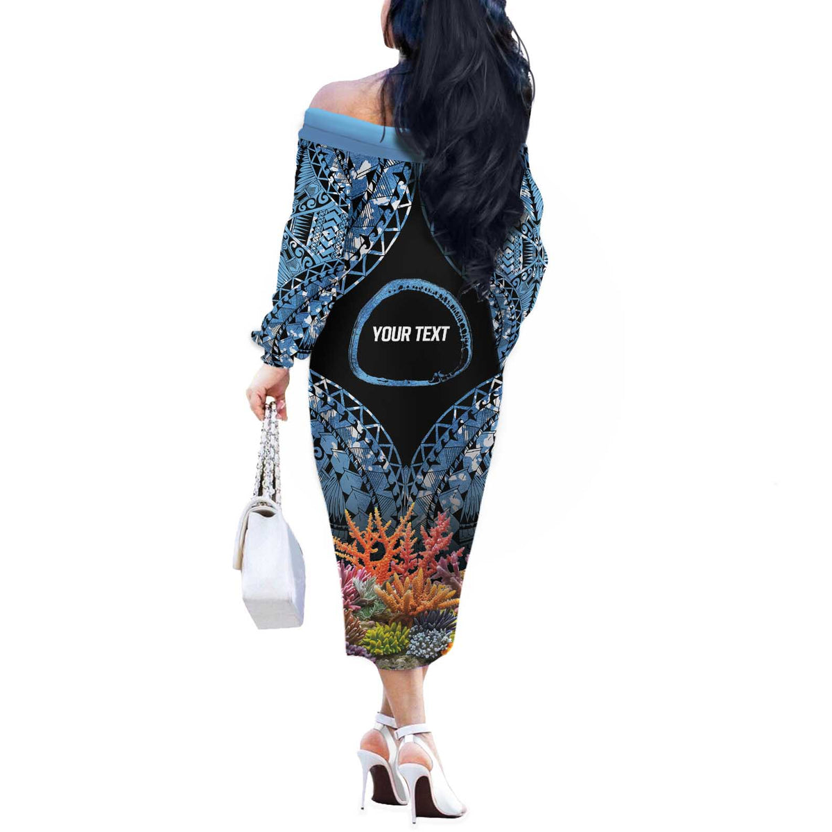 Personalised Nukuoro Micronesia Atoll Off The Shoulder Long Sleeve Dress with Pacific Coral Reef