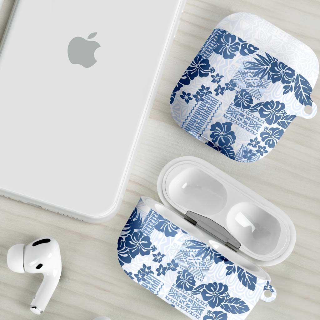 Vintage Hawaii AirPods Case Hibiscus Tapa Tribal With Hawaiian Quilt Pattern Blue - Polynesian Pride