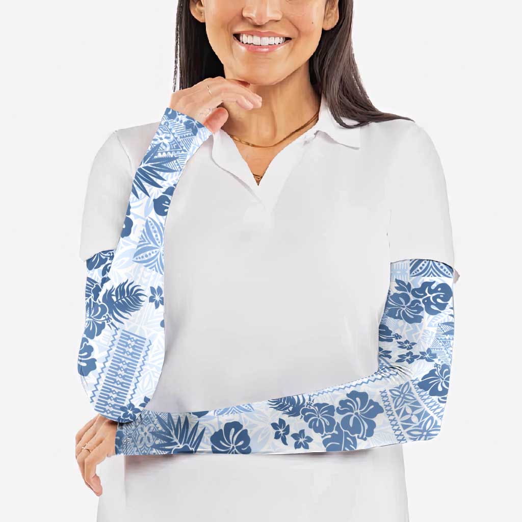 Vintage Hawaii Arm Sleeves Hibiscus Tapa Tribal With Hawaiian Quilt Pattern Blue - Polynesian Pride