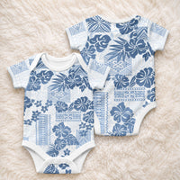 Vintage Hawaii Baby Onesie Hibiscus Tapa Tribal With Hawaiian Quilt Pattern Blue