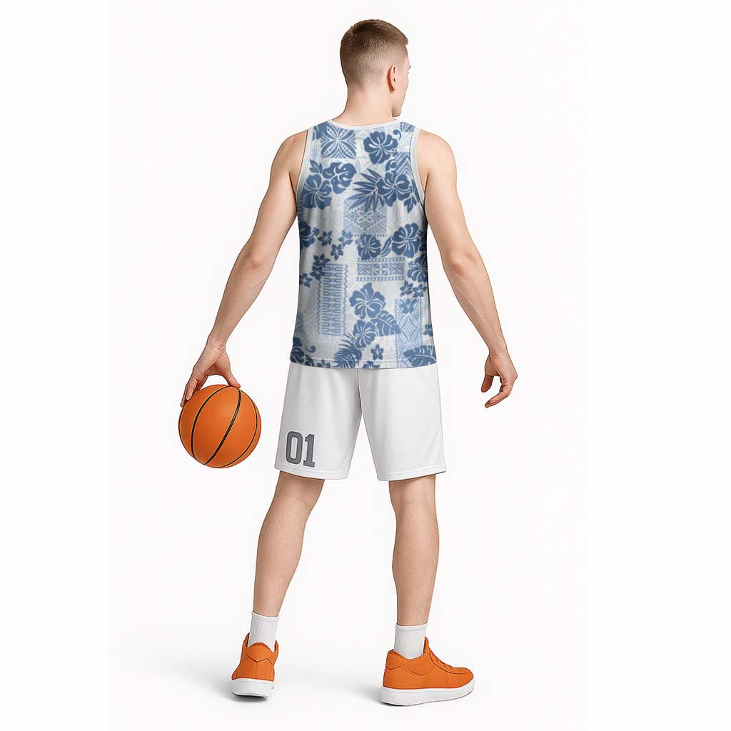 Vintage Hawaii Basketball Jersey Hibiscus Tapa Tribal With Hawaiian Quilt Pattern Blue - Polynesian Pride