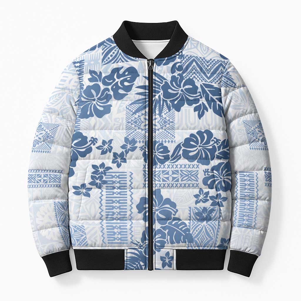 Vintage Hawaii Bomber Puffer Jacket Hibiscus Tapa Tribal With Hawaiian Quilt Pattern Blue - Polynesian Pride