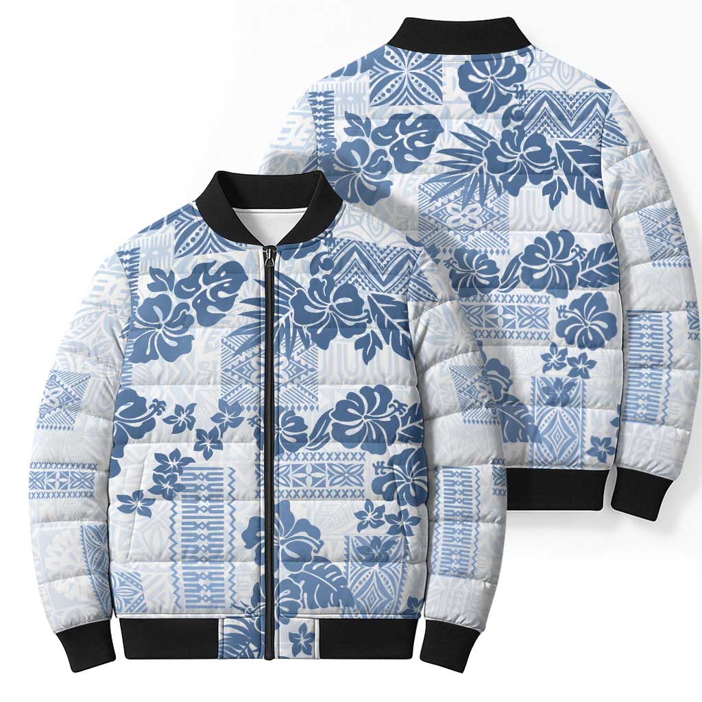 Vintage Hawaii Bomber Puffer Jacket Hibiscus Tapa Tribal With Hawaiian Quilt Pattern Blue - Polynesian Pride