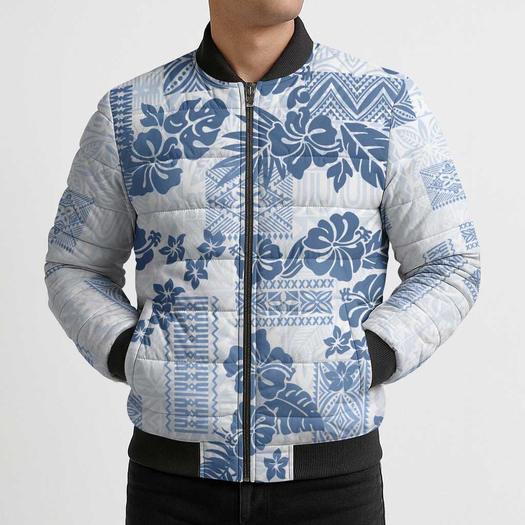 Vintage Hawaii Bomber Puffer Jacket Hibiscus Tapa Tribal With Hawaiian Quilt Pattern Blue - Polynesian Pride