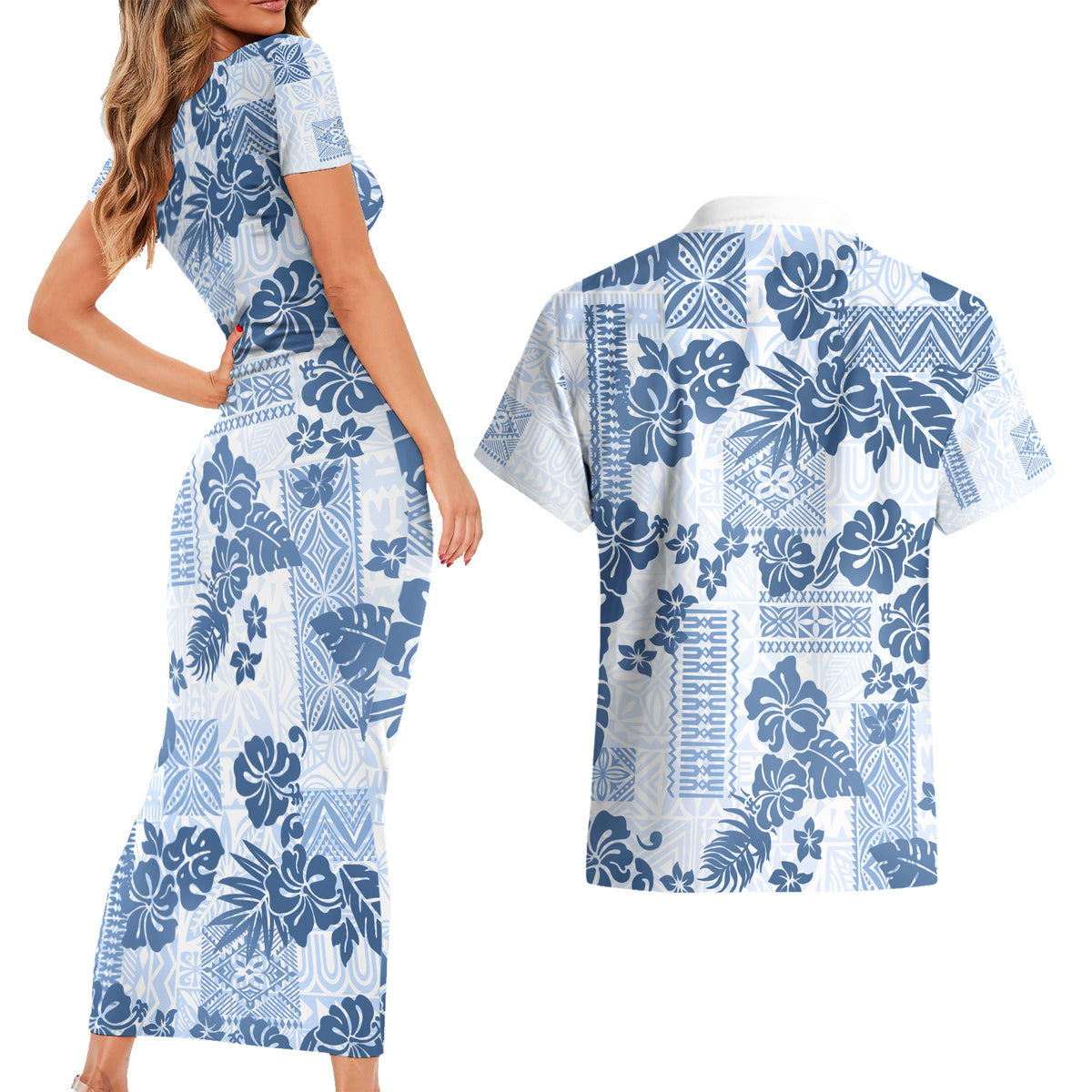 Vintage Hawaii Couples Matching Short Sleeve Bodycon Dress and Hawaiian Shirt Hibiscus Tapa Tribal With Hawaiian Quilt Pattern Blue LT9 - Polynesian Pride
