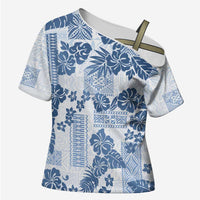 Vintage Hawaii Cross Shoulder Shirt Hibiscus Tapa Tribal With Hawaiian Quilt Pattern Blue - Polynesian Pride