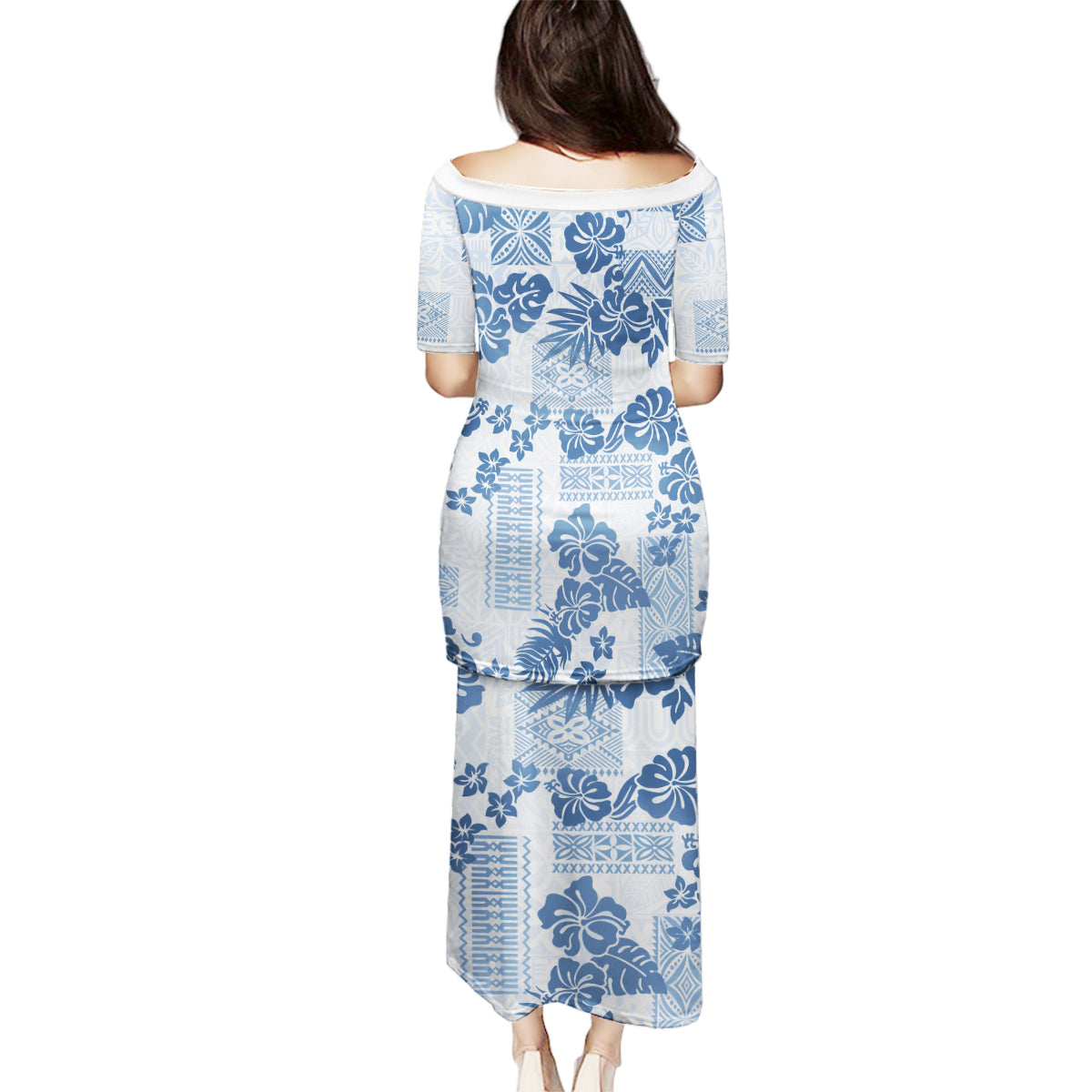 Vintage Hawaii Family Matching Puletasi Dress and Hawaiian Shirt Hibiscus Tapa Tribal With Hawaiian Quilt Pattern Blue LT9 - Polynesian Pride