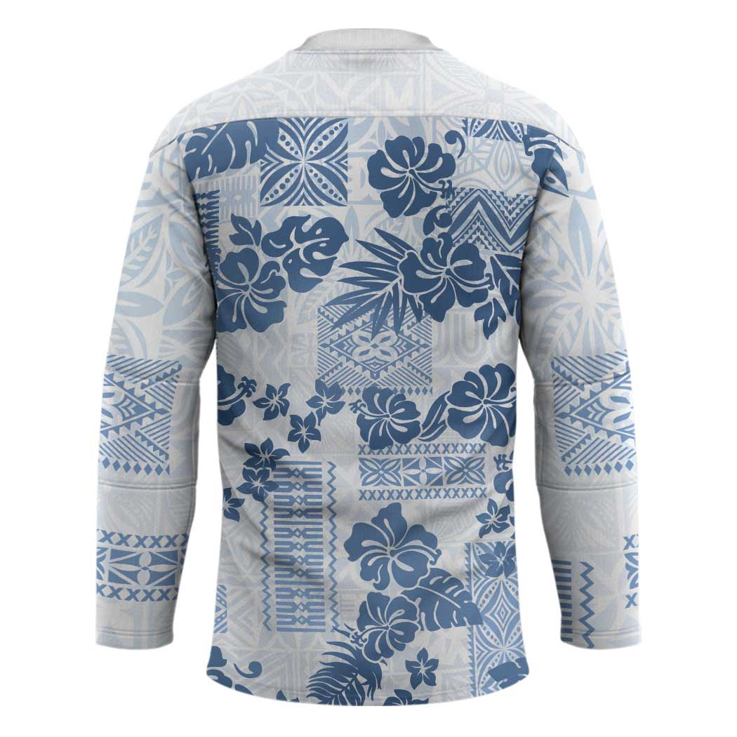 Vintage Hawaii Hockey Jersey Hibiscus Tapa Tribal With Hawaiian Quilt Pattern Blue - Polynesian Pride
