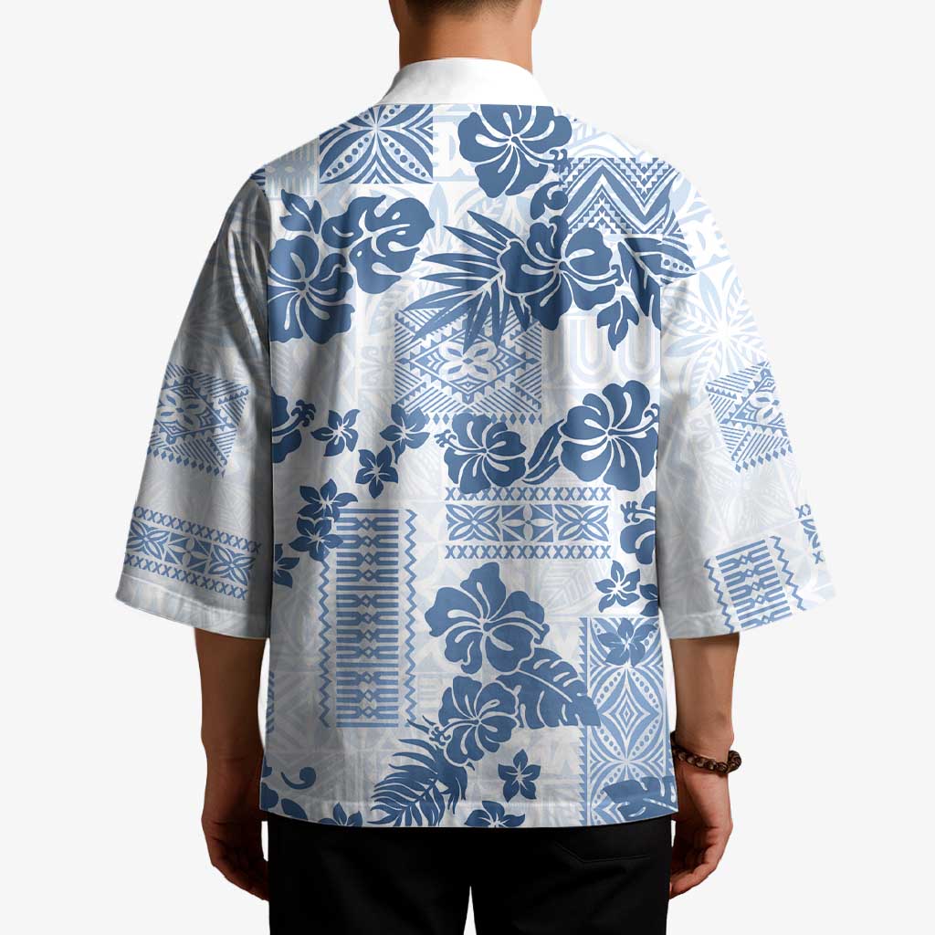 Vintage Hawaii Kimono Hibiscus Tapa Tribal With Hawaiian Quilt Pattern Blue - Polynesian Pride
