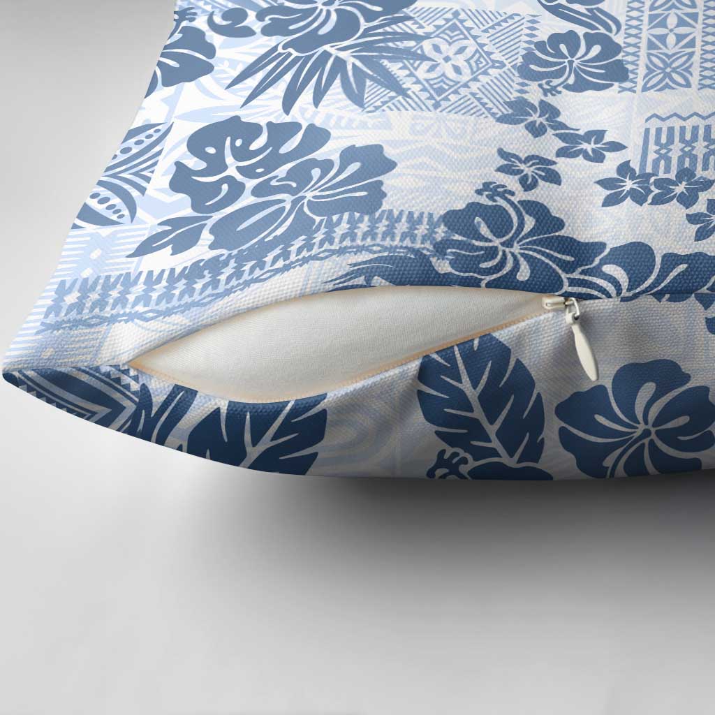 Vintage Hawaii Pillow Cover Hibiscus Tapa Tribal With Hawaiian Quilt Pattern Blue - Polynesian Pride