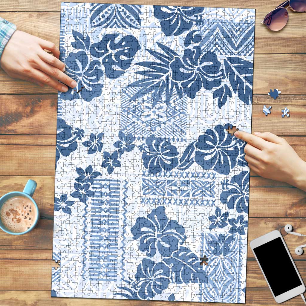 Vintage Hawaii Puzzle Hibiscus Tapa Tribal With Hawaiian Quilt Pattern Blue - Polynesian Pride
