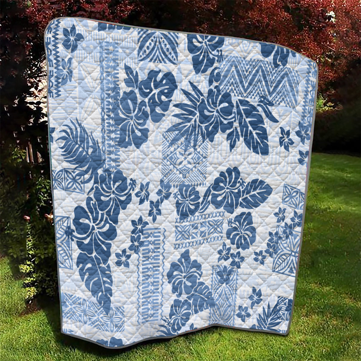 Vintage Hawaii Quilt Hibiscus Tapa Tribal With Hawaiian Quilt Pattern Blue LT9 - Polynesian Pride