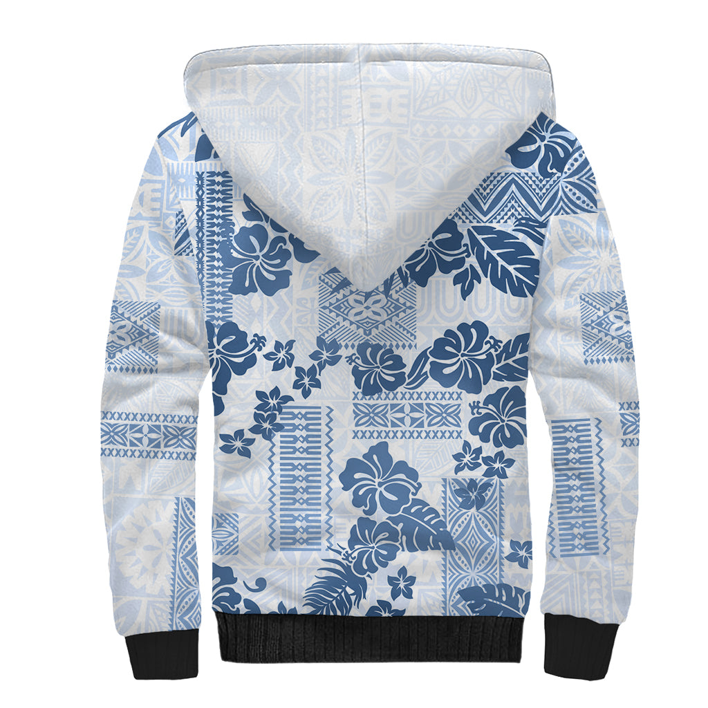 Vintage Hawaii Sherpa Hoodie Hibiscus Tapa Tribal With Hawaiian Quilt Pattern Blue LT9 - Polynesian Pride