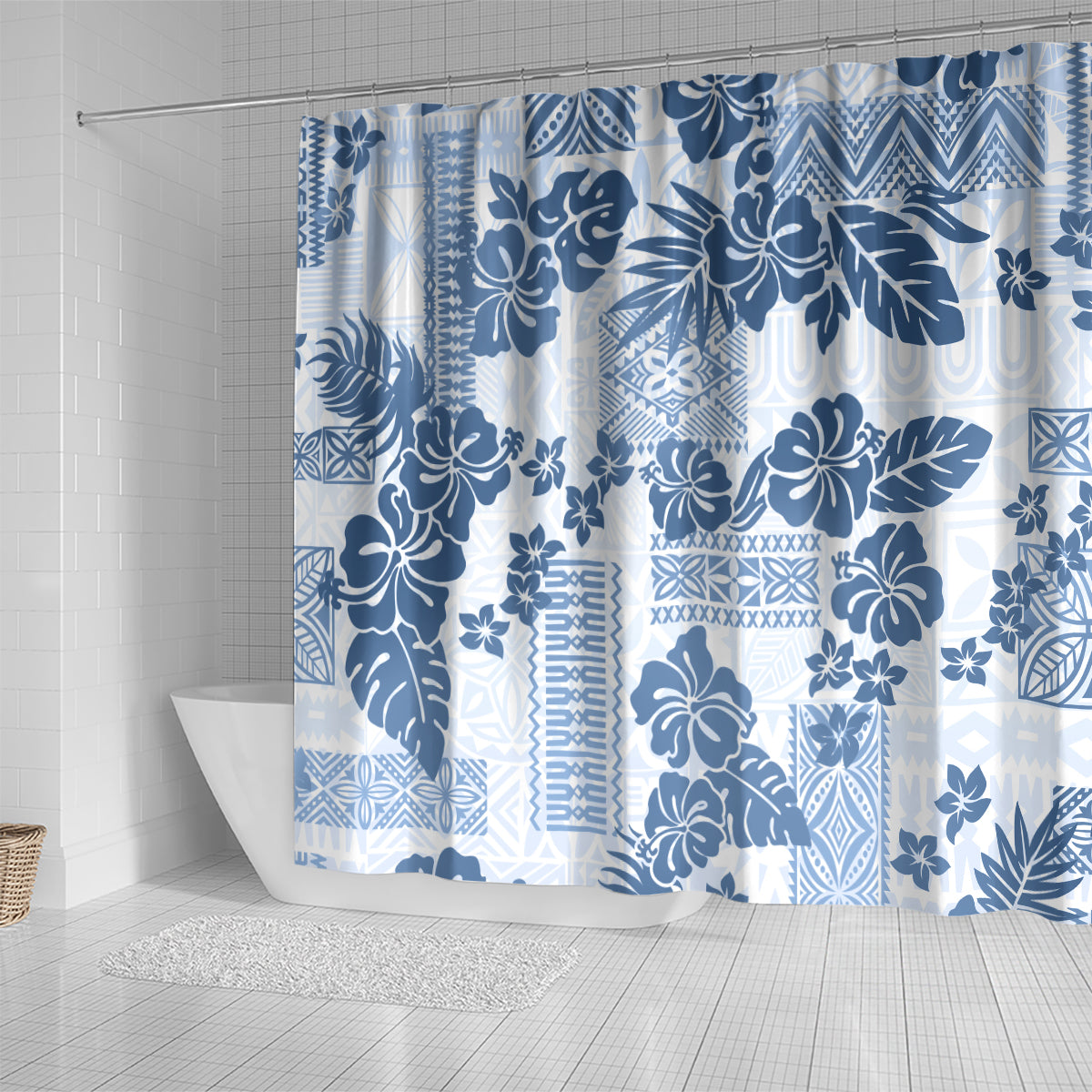 Vintage Hawaii Shower Curtain Hibiscus Tapa Tribal With Hawaiian Quilt Pattern Blue LT9 - Polynesian Pride