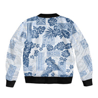 Vintage Hawaii Sleeve Zip Bomber Jacket Hibiscus Tapa Tribal With Hawaiian Quilt Pattern Blue LT9 - Polynesian Pride