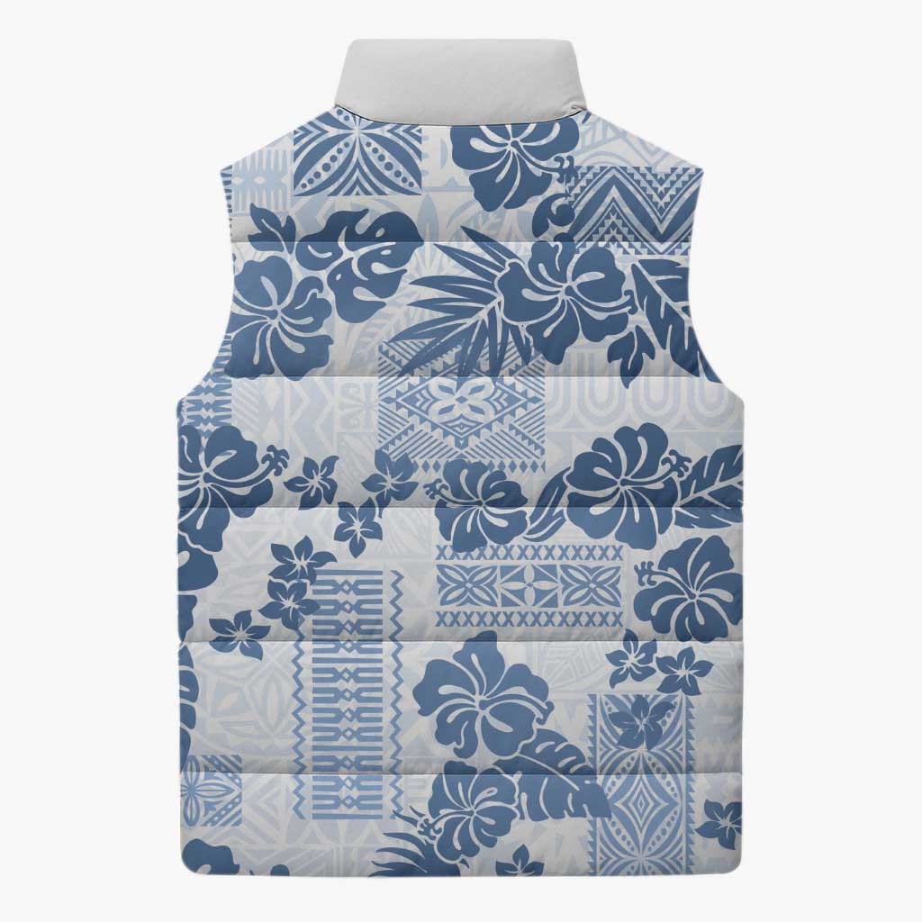 Vintage Hawaii Sleeveless Puffer Jacket Hibiscus Tapa Tribal With Hawaiian Quilt Pattern Blue - Polynesian Pride