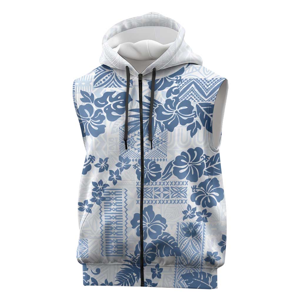 Vintage Hawaii Sleeveless Zip Hoodie Hibiscus Tapa Tribal With Hawaiian Quilt Pattern Blue LT9 Blue - Polynesian Pride
