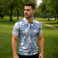 Vintage Hawaii Zipper Polo Shirt Hibiscus Tapa Tribal With Hawaiian Quilt Pattern Blue - Polynesian Pride