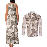 Vintage Hawaii Couples Matching Tank Maxi Dress and Long Sleeve Button Shirt Hibiscus Tapa Tribal With Hawaiian Quilt Pattern Gold LT9 - Polynesian Pride