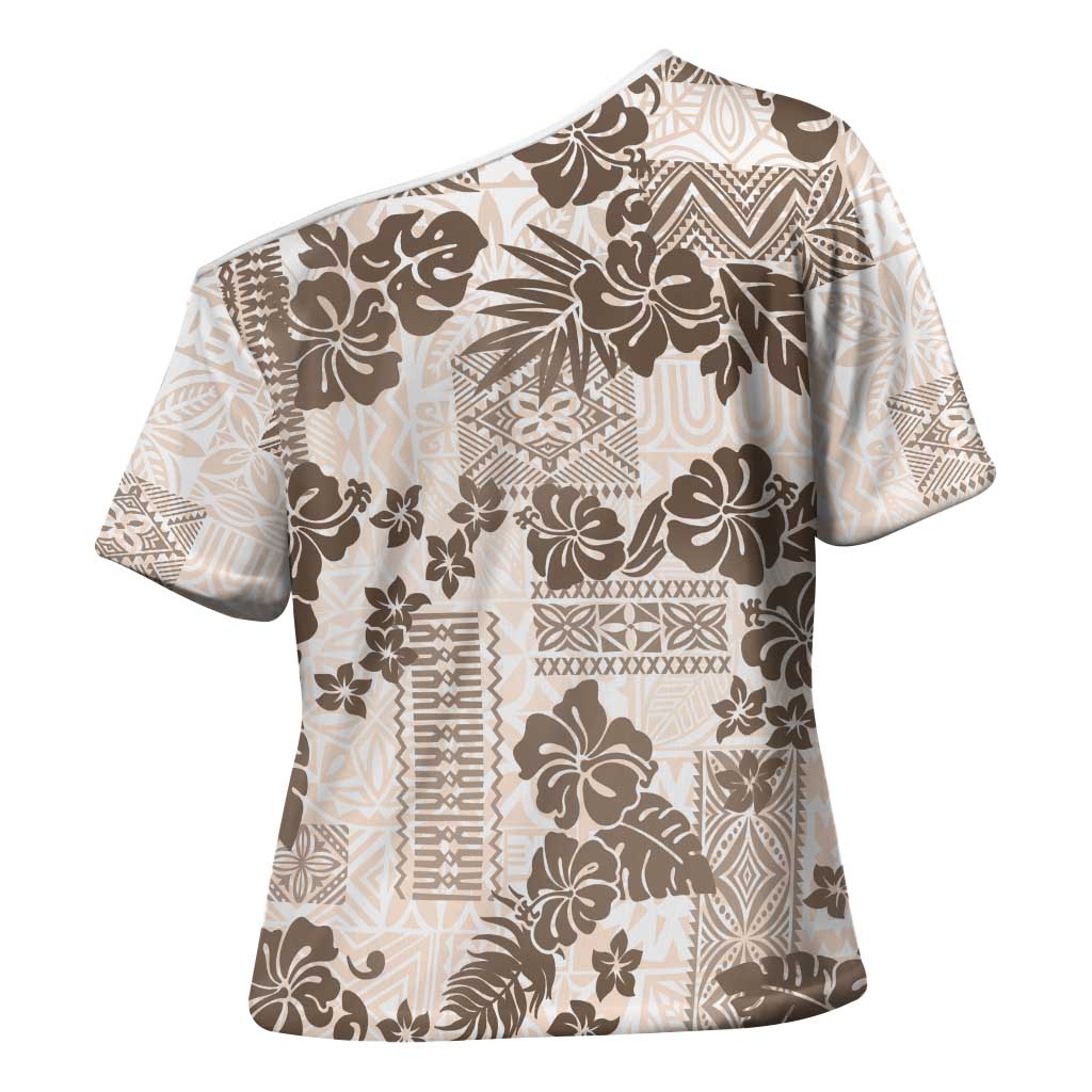 Vintage Hawaii Cross Shoulder Shirt Hibiscus Tapa Tribal With Hawaiian Quilt Pattern Gold - Polynesian Pride