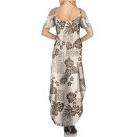 Vintage Hawaii Family Matching Summer Maxi Dress and Hawaiian Shirt Hibiscus Tapa Tribal With Hawaiian Quilt Pattern Gold LT9 - Polynesian Pride